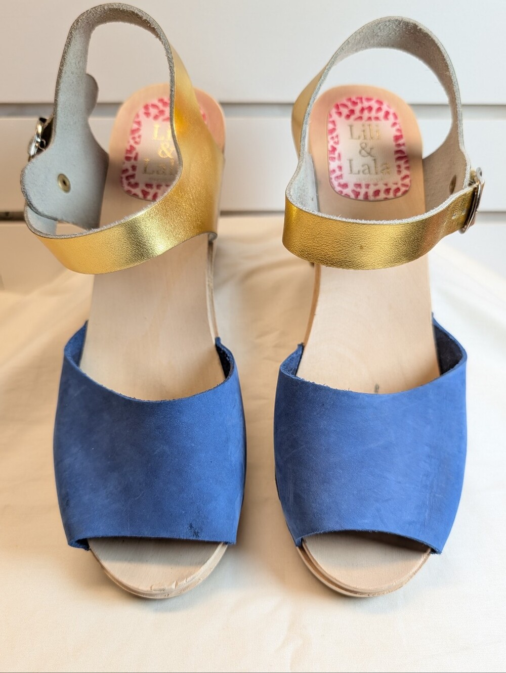 Lili & Lala Handmade Visby High Heel Blue/Gold Clog Sandals 41/US 11  NWOB